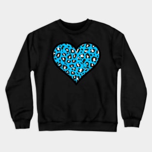 Sky Blue, Black and White Leopard Print Heart Crewneck Sweatshirt